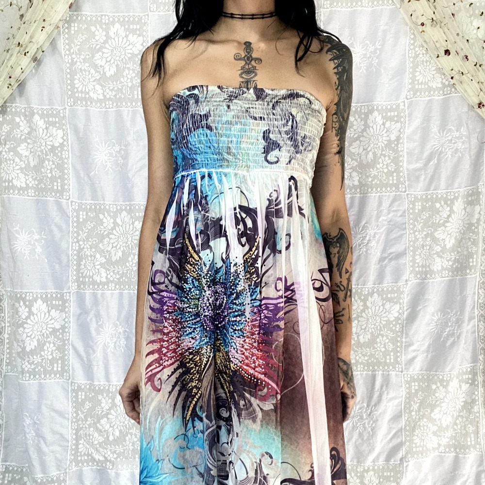 Y2k Sublimation Print Rhinestone Fairy Grunge Boho Smocked Bondice Maxi Dress M